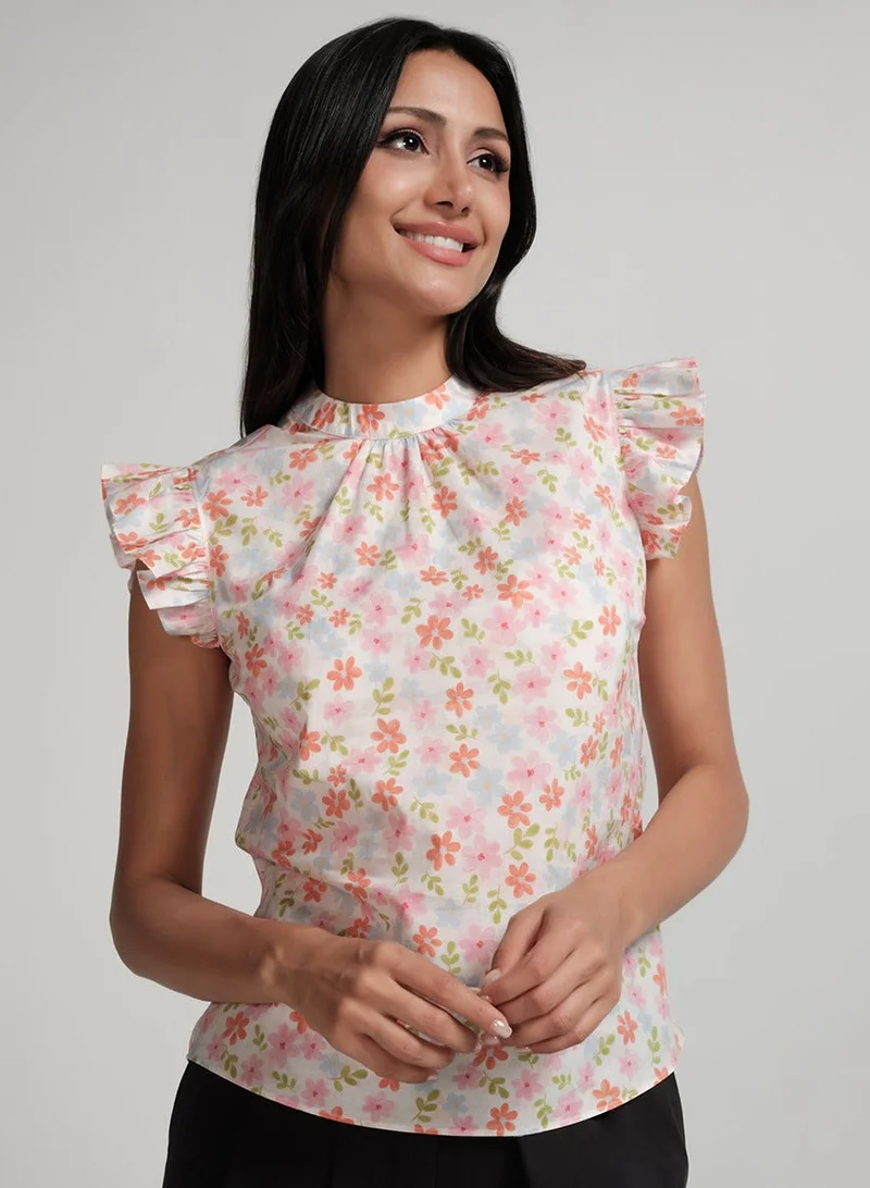 Zigzag Sleeve Detailed High Neck Printed Top